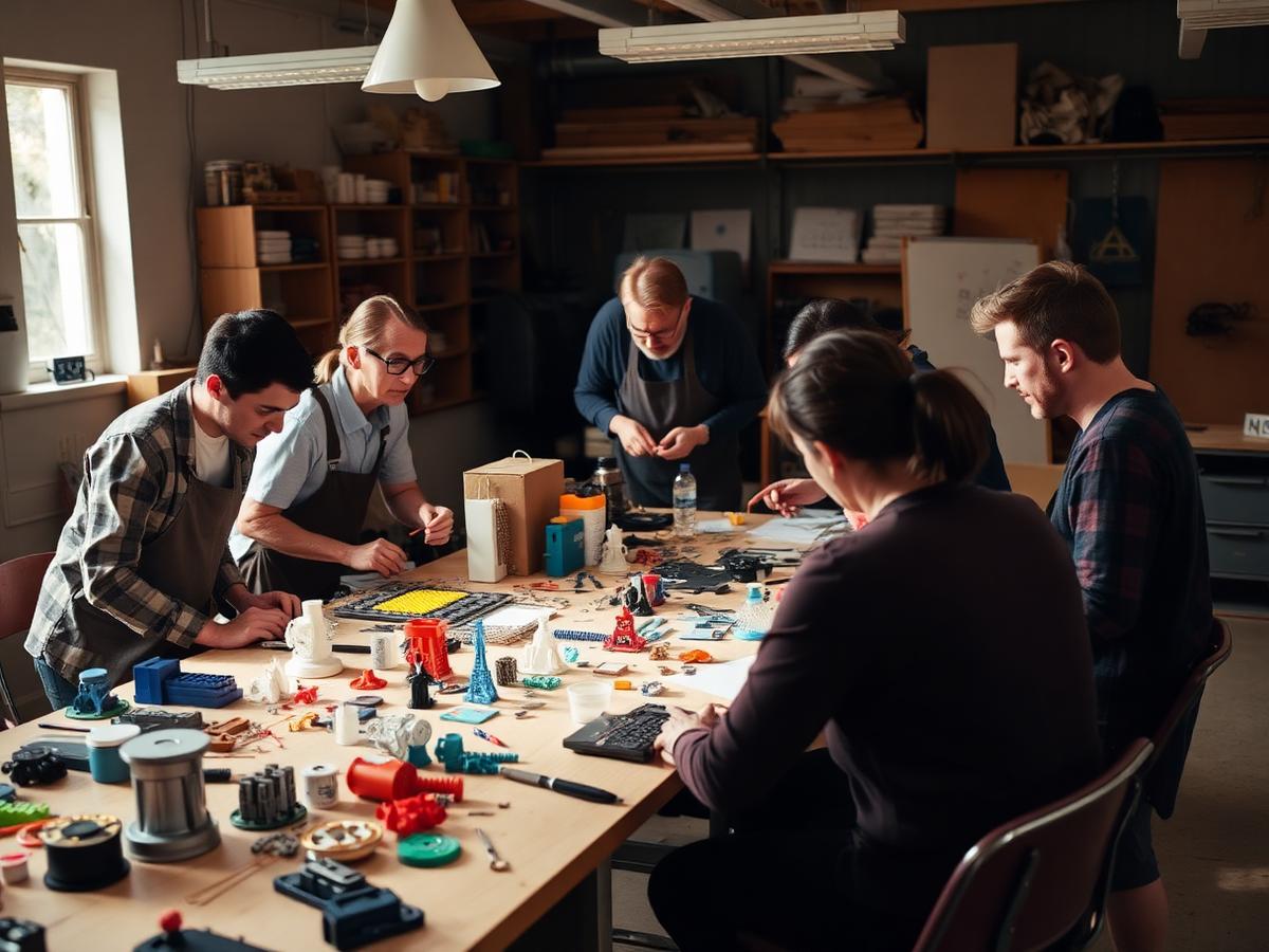 Equipo de taller trabajando en piezas fabricadas digitalmente
